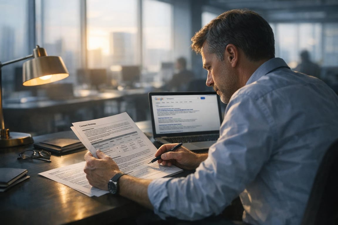 Man reviewing content strategy documents at desk with laptop showing search engine results in office setting.