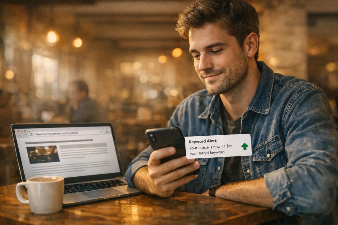 Man in denim jacket checking phone with keyword ranking alert, laptop and coffee cup on wooden table in cafe.