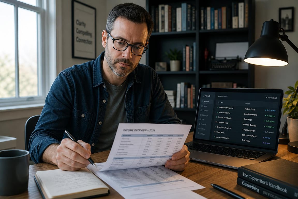 Freelance copywriter reviewing an income spreadsheet at a home office desk with a project dashboard visible on a laptop
