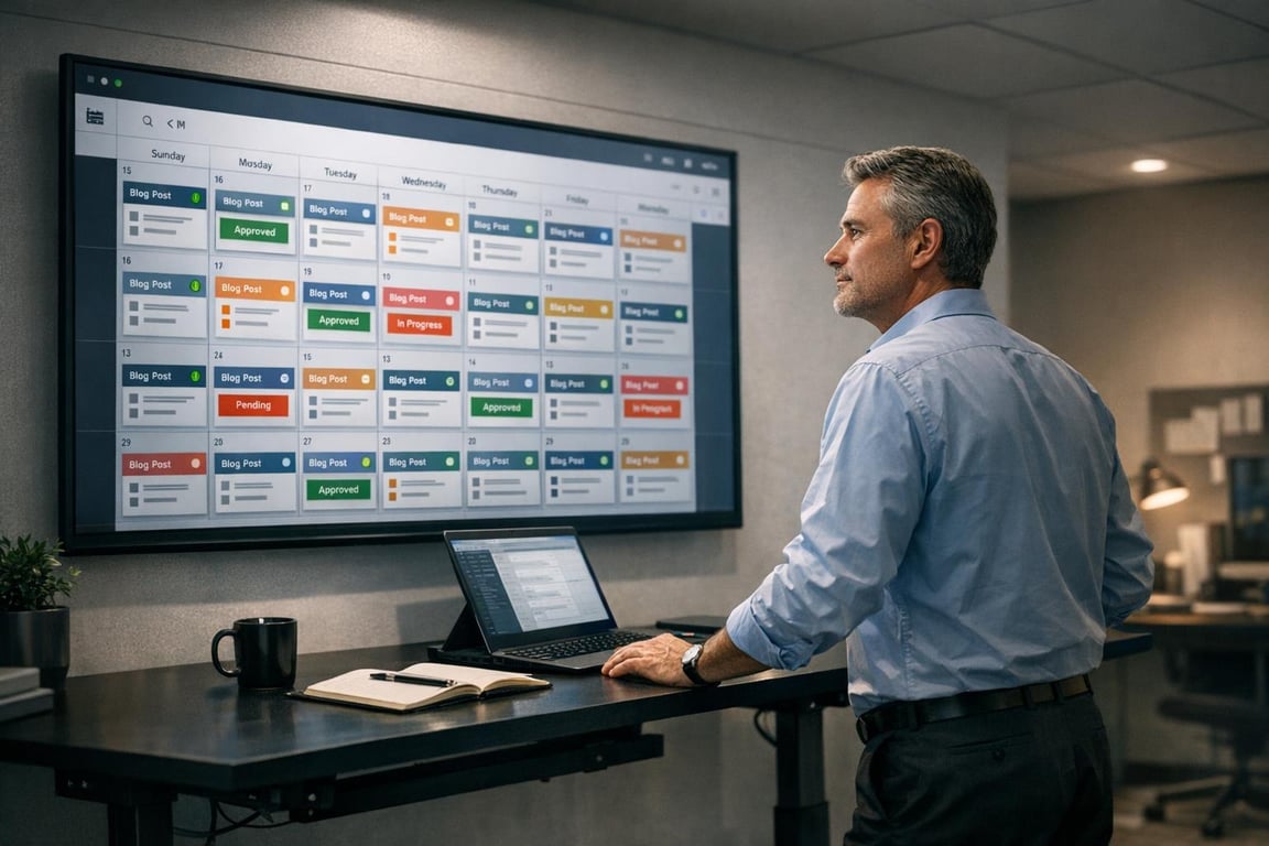 Man reviewing a digital calendar with blog post statuses like Approved, Pending, and In Progress on a large office screen.