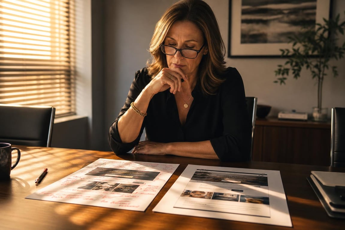 Business owner comparing two web page layouts at a conference table, one marked up in red pen, in late afternoon light
