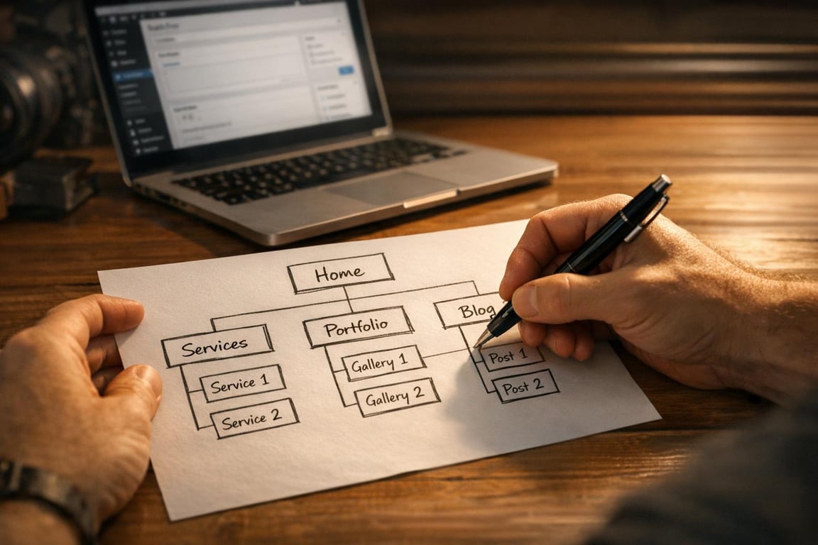 Hand drawing a website sitemap flowchart with sections for Home, Services, Portfolio, and Blog on paper next to a laptop.
