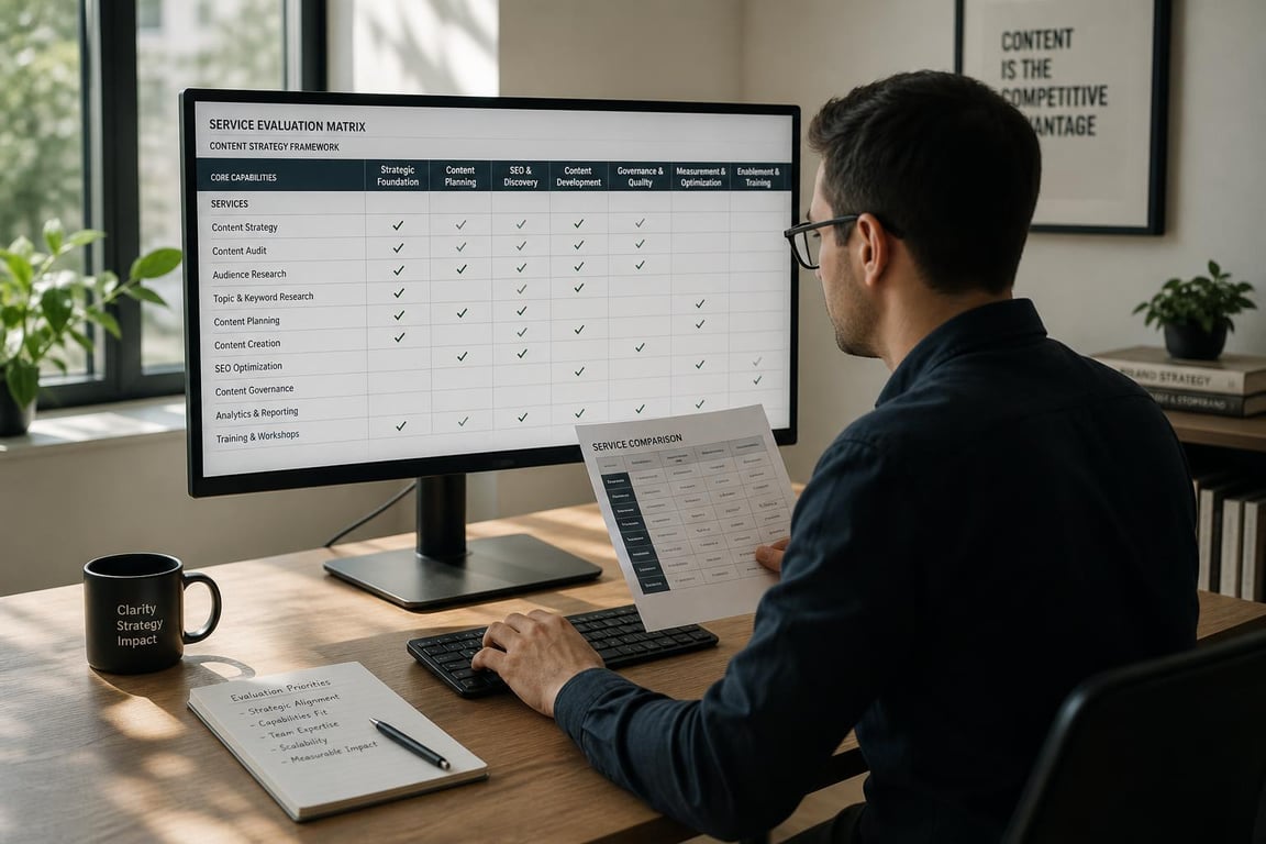 Content strategist reviewing a ranked content creation services comparison matrix on a monitor with a printed reference sheet