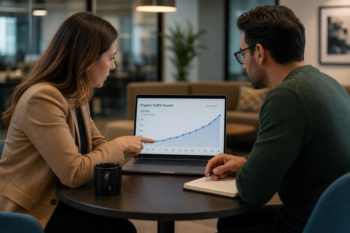 Two professionals discussing organic traffic growth chart on laptop during meeting at office table.