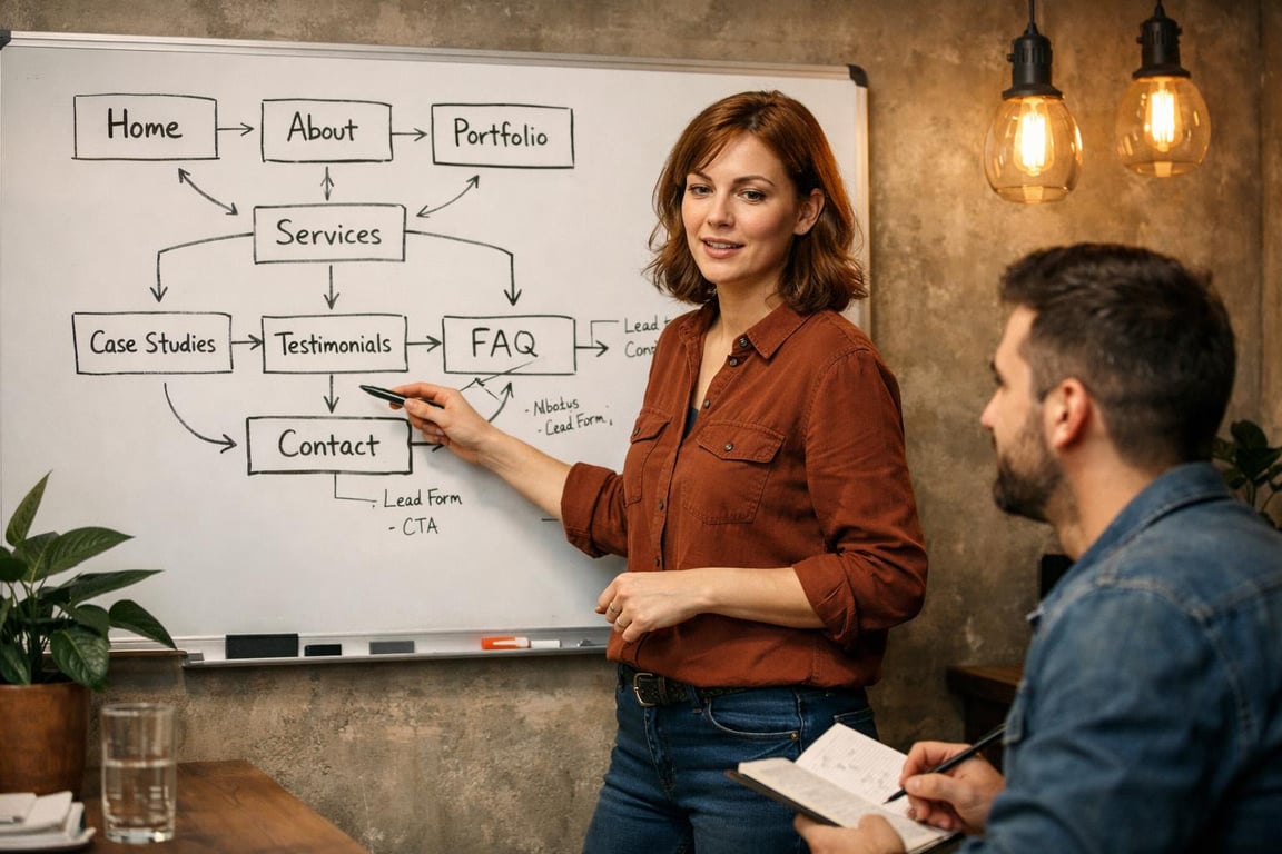 Woman presenting website structure diagram on whiteboard to man taking notes in casual office setting.