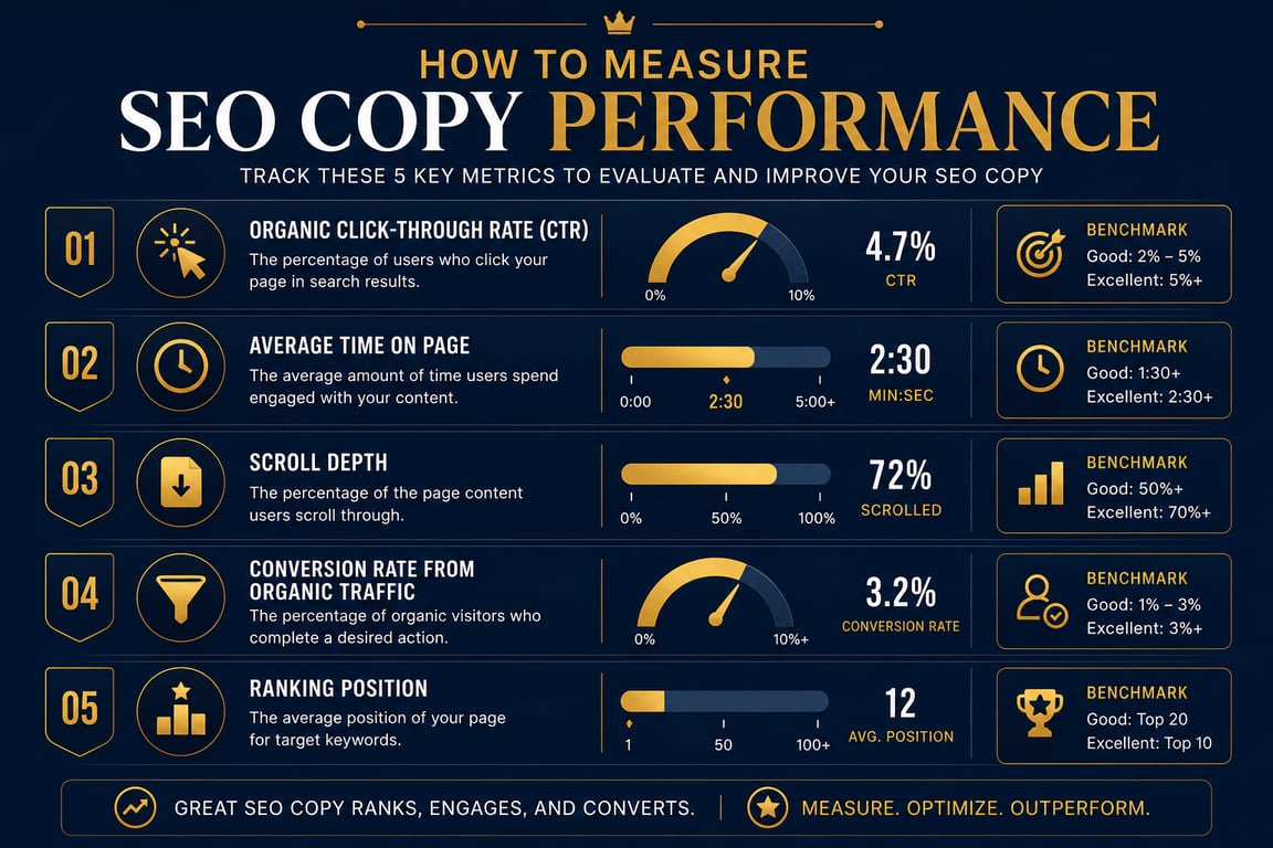 Infographic listing five key metrics to measure SEO website copy performance including CTR, time on page, and scroll depth