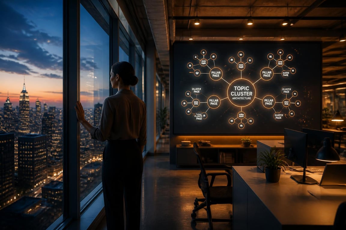 Marketing director reviewing an SEO content strategy cluster architecture diagram at dusk in a modern office