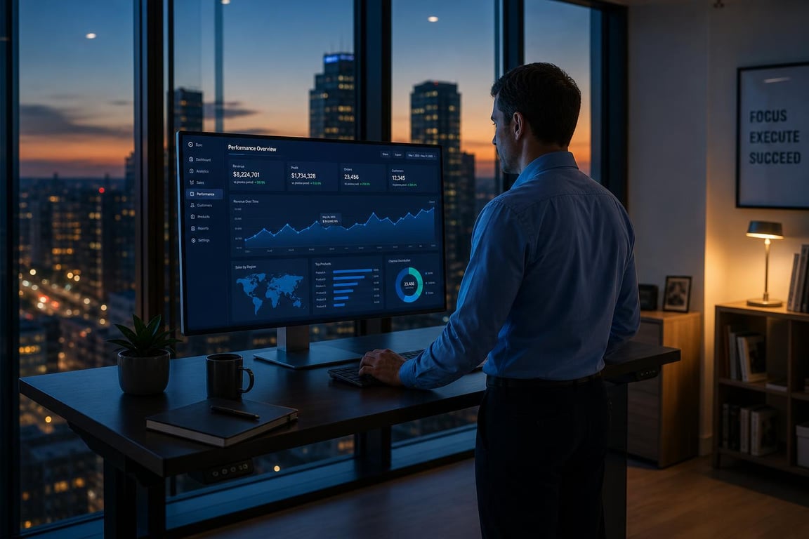 Marketing professional reviewing an SEO analytics dashboard at a standing desk as city lights glow at dusk