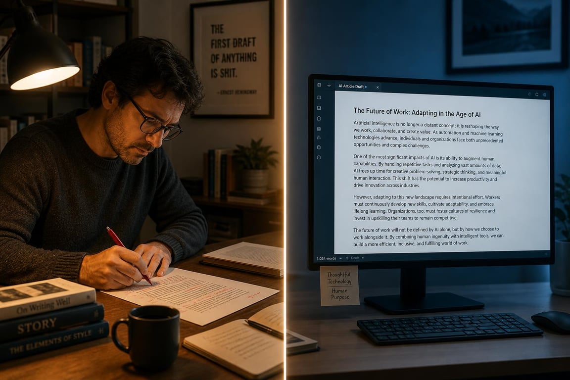 Split composition showing a human writer editing a printed draft alongside an AI-generated article on a monitor, representing AI vs. human content writing