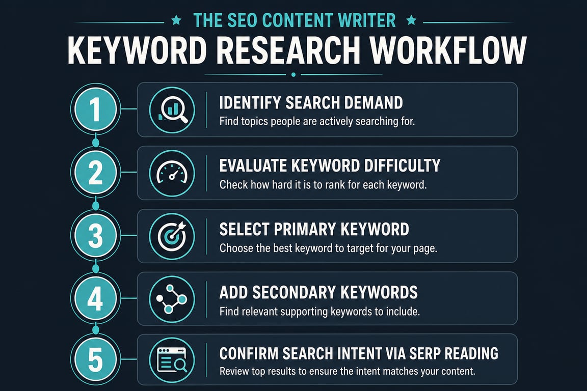 Infographic showing the five-stage keyword research workflow an SEO content writer uses before drafting any article