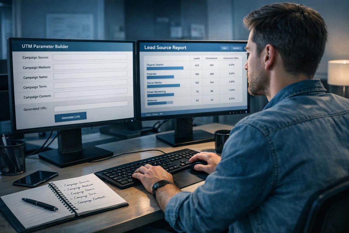 Man working on dual monitors displaying UTM parameter builder and lead source report in a dimly lit office.