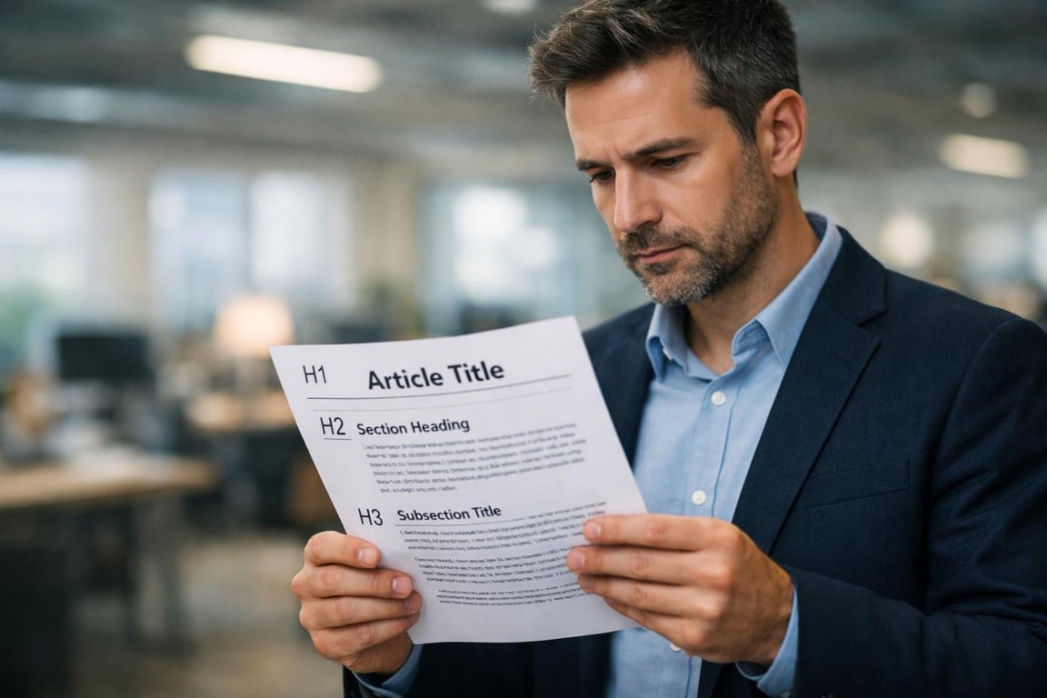 Man in business attire reading a printed document with article title and section headings in an office setting.