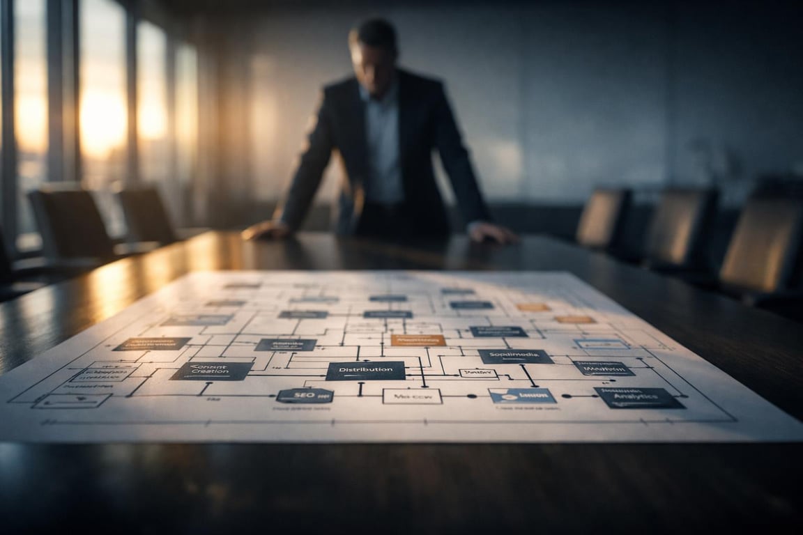 Businessman reviewing a detailed flowchart diagram on content creation, distribution, social media, and analytics in a conference room.