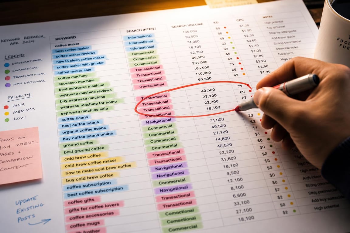 Close-up of a keyword research spreadsheet with color-coded intent groupings and a hand circling high-priority transactional terms mid-annotation
