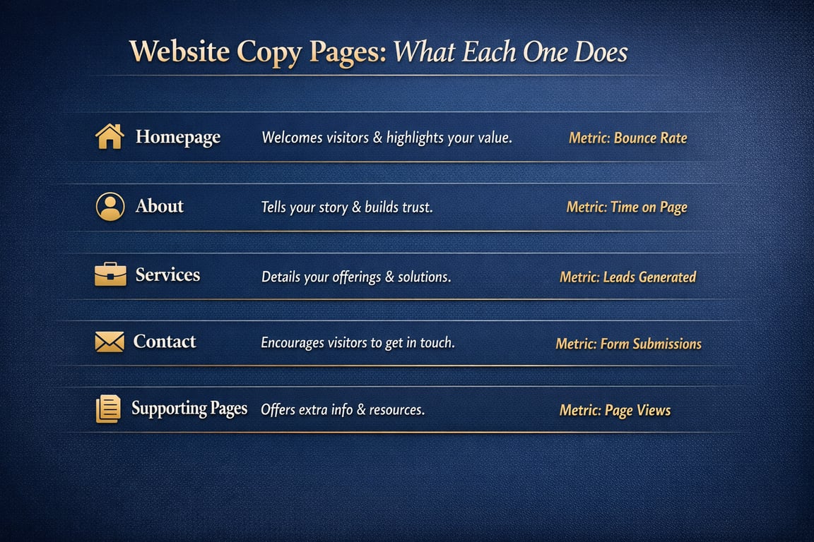 Website copy pages explained: homepage, about, services, contact, supporting pages with their key visitor metrics.