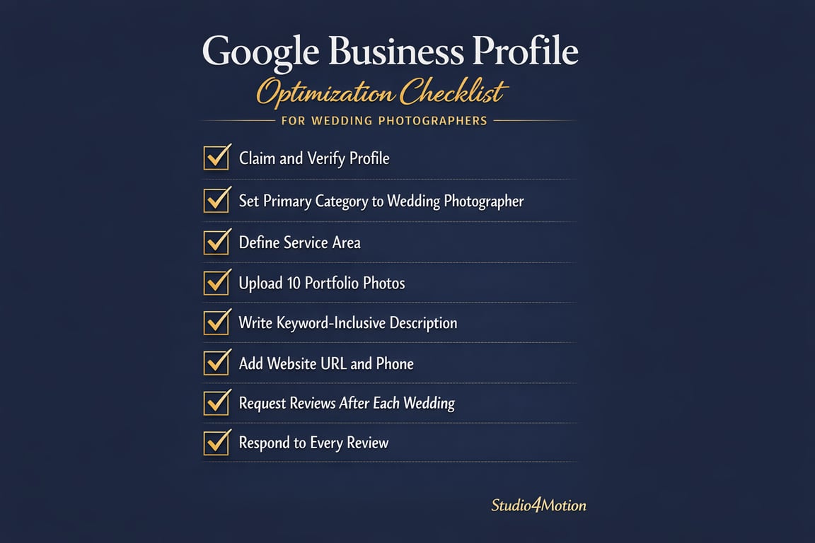 Google Business Profile optimization checklist for wedding photographers with steps to claim, verify, add photos, and manage reviews.