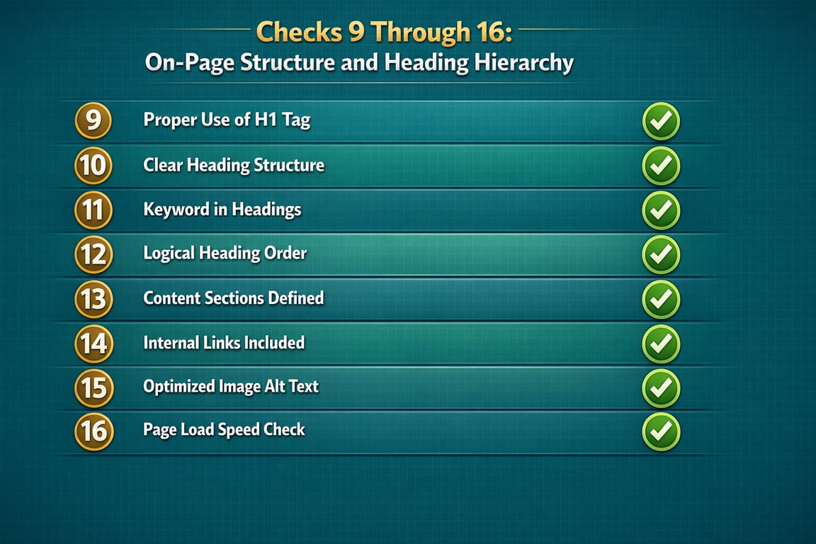SEO checklist items 9 to 16 for on-page structure and heading hierarchy with green check marks.