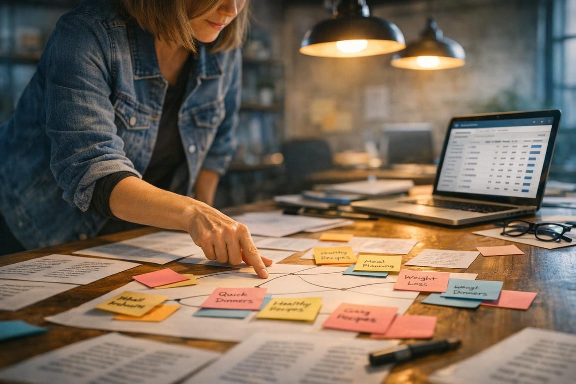 Person organizing colorful sticky notes with health and meal planning topics on a wooden desk with laptop nearby.
