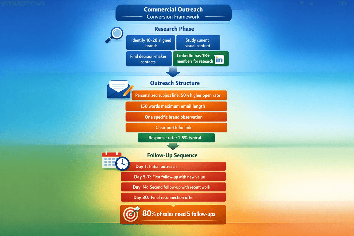 Commercial outreach framework outlining research phase, outreach structure, and follow-up sequence for effective sales conversion.