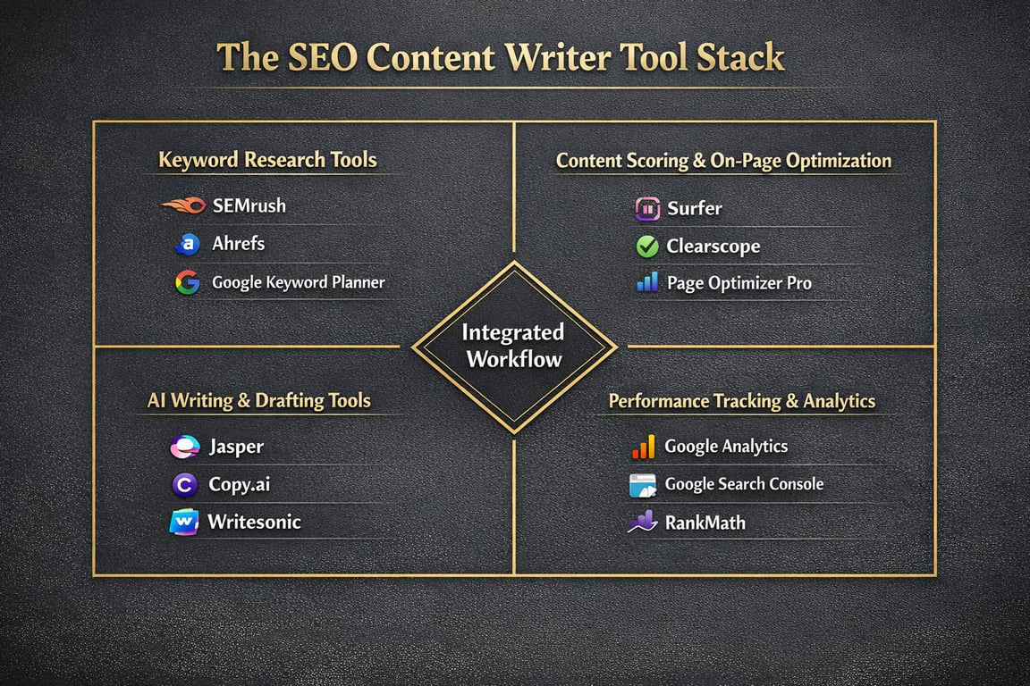 SEO content writer tool stack showing keyword research, content scoring, AI writing, and performance tracking tools.