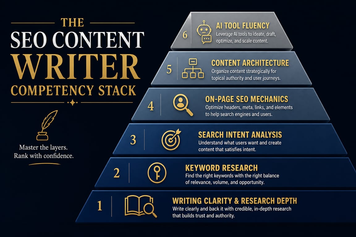 Pyramid infographic showing the six-layer SEO content writer competency stack from writing clarity to AI tool fluency