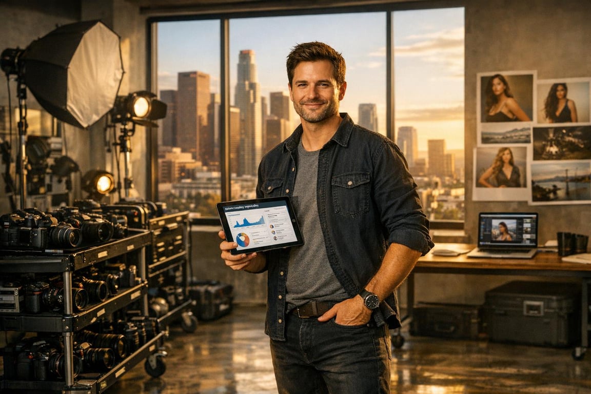 Man in casual outfit holding tablet with data charts in a modern photography studio with city skyline background.