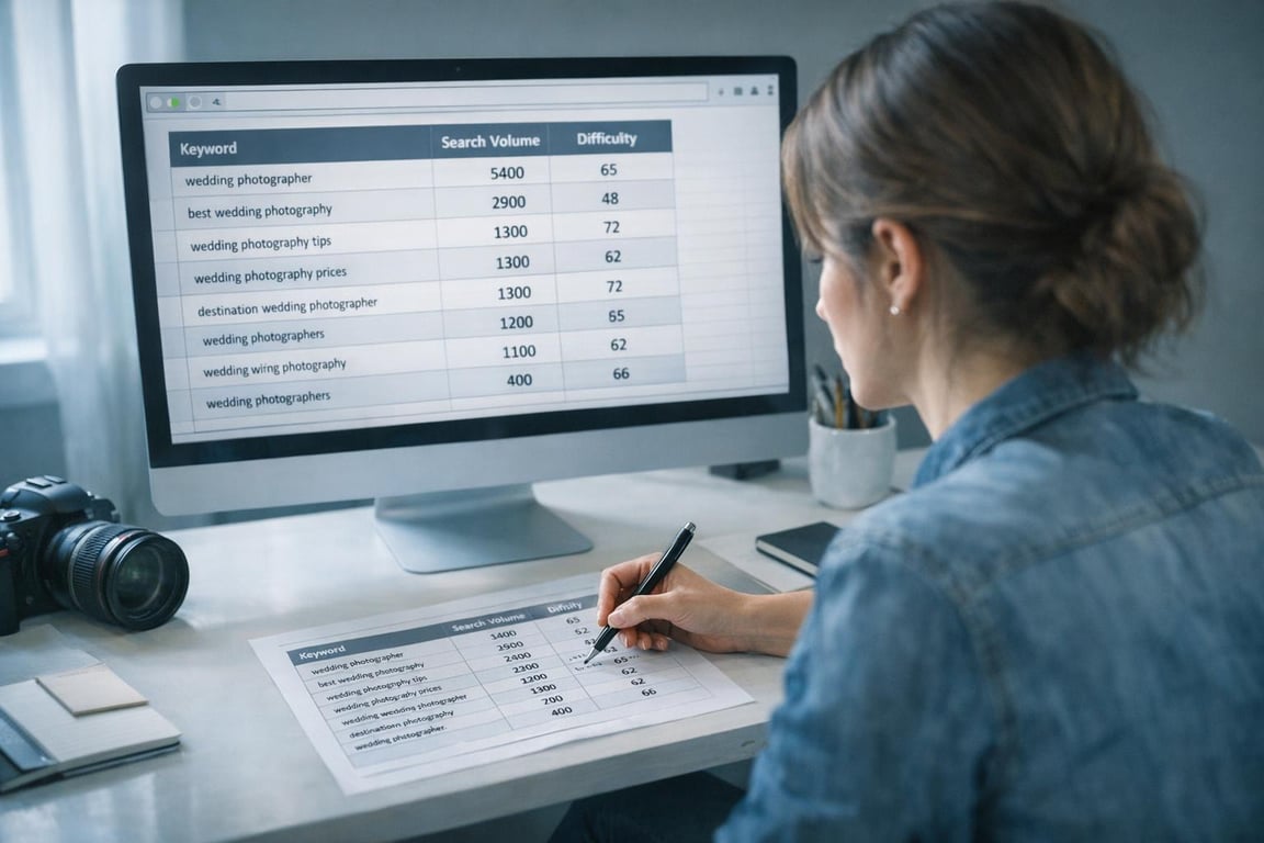 Person analyzing wedding photography keyword search volume and difficulty data on computer and printed sheet.