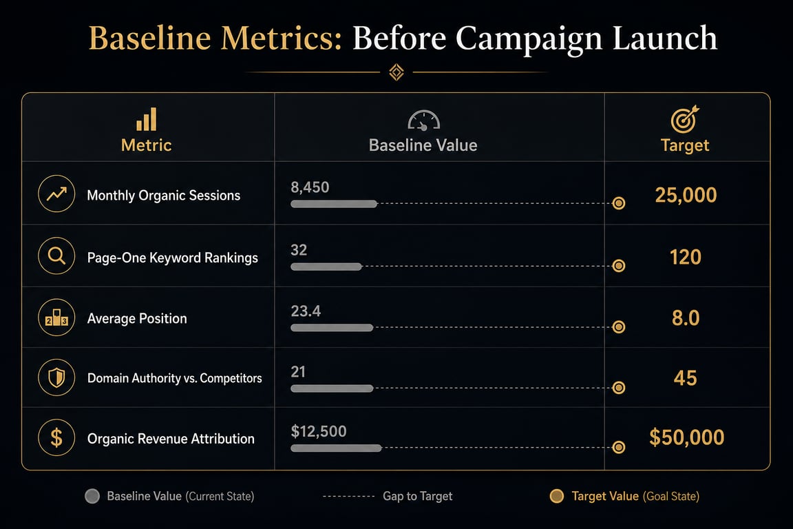 Infographic showing SEO campaign baseline metrics including organic sessions, page-one rankings, average position, and revenue attribution targets