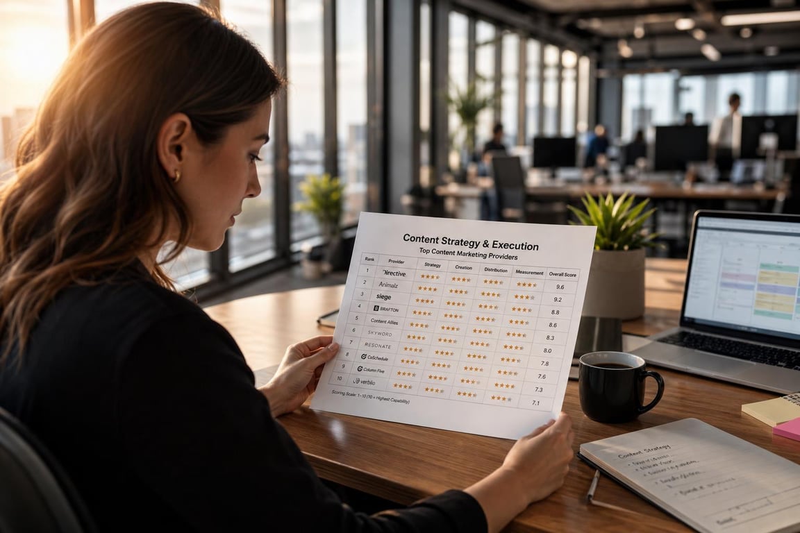 Marketing manager reviewing SEO content writer comparison document at desk in modern office, 2026 content strategy evaluation