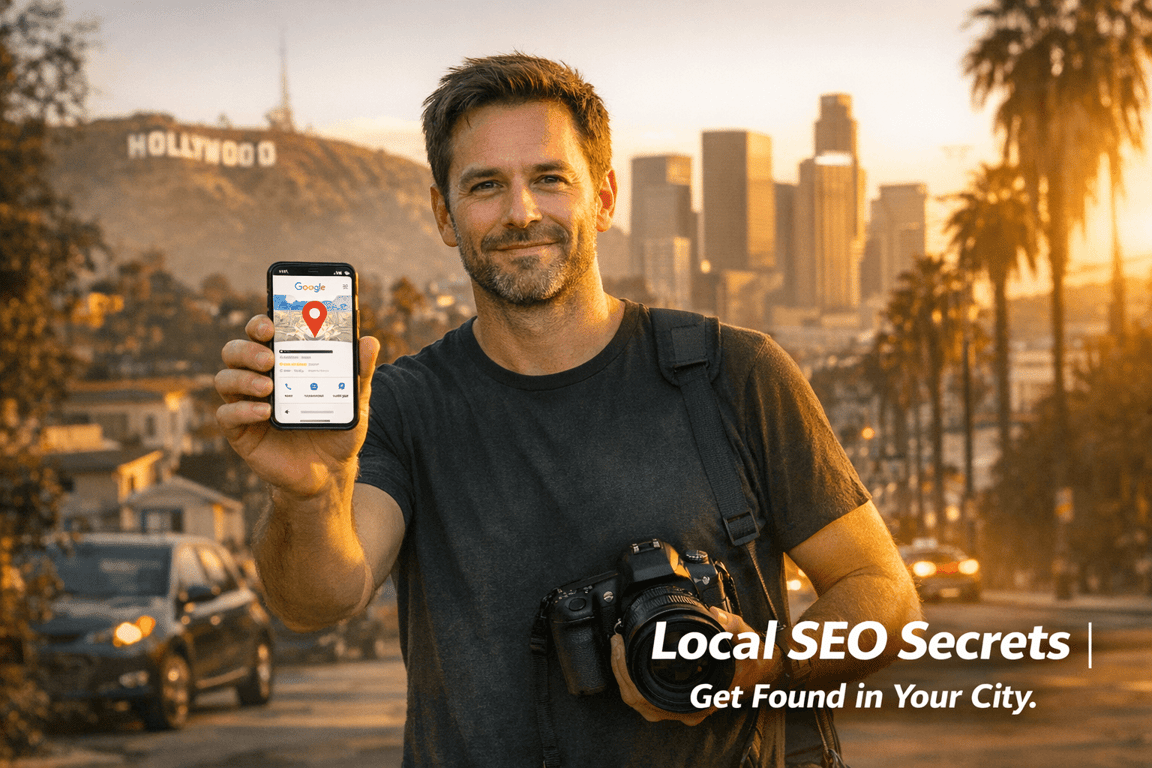 Man holding smartphone with Google Maps and camera, Hollywood sign and cityscape in the background at sunset.