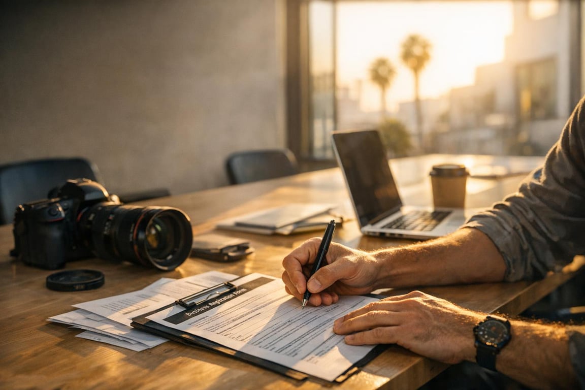Hands signing business agreement form on clipboard with laptop, camera, and coffee cup on wooden desk.