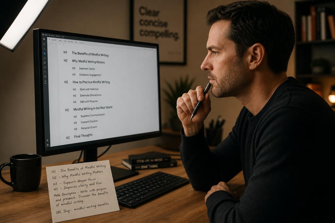 A copywriter studies on-page SEO heading structure on a monitor with a handwritten element checklist on the desk