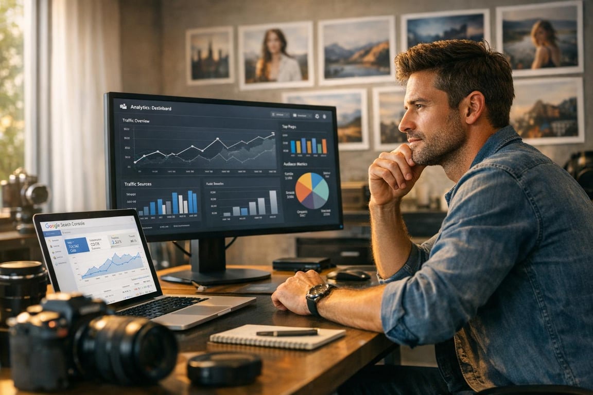 Man analyzing website traffic and SEO data on laptop and monitor with charts and graphs in a home office setting.