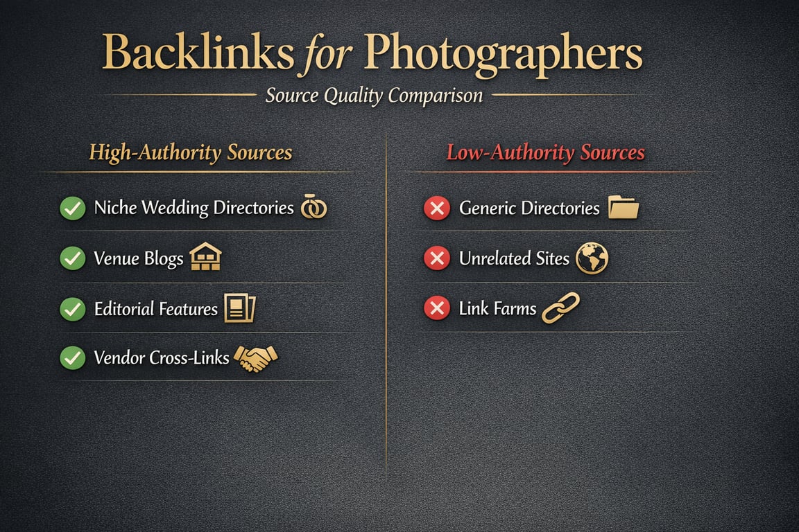 High-authority backlinks for photographers include niche wedding directories and venue blogs; avoid generic directories and link farms.