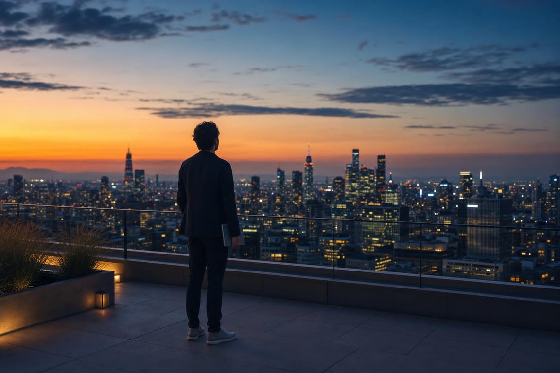 Man standing on rooftop terrace overlooking city skyline during sunset with lights illuminating the buildings.