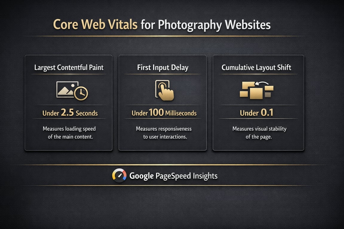 Core Web Vitals for photography websites including Largest Contentful Paint, First Input Delay, and Cumulative Layout Shift metrics.