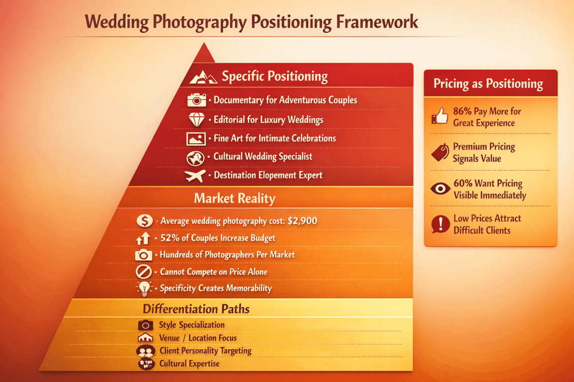 Wedding photography positioning framework showing specific positioning, market reality, differentiation paths, and pricing insights.