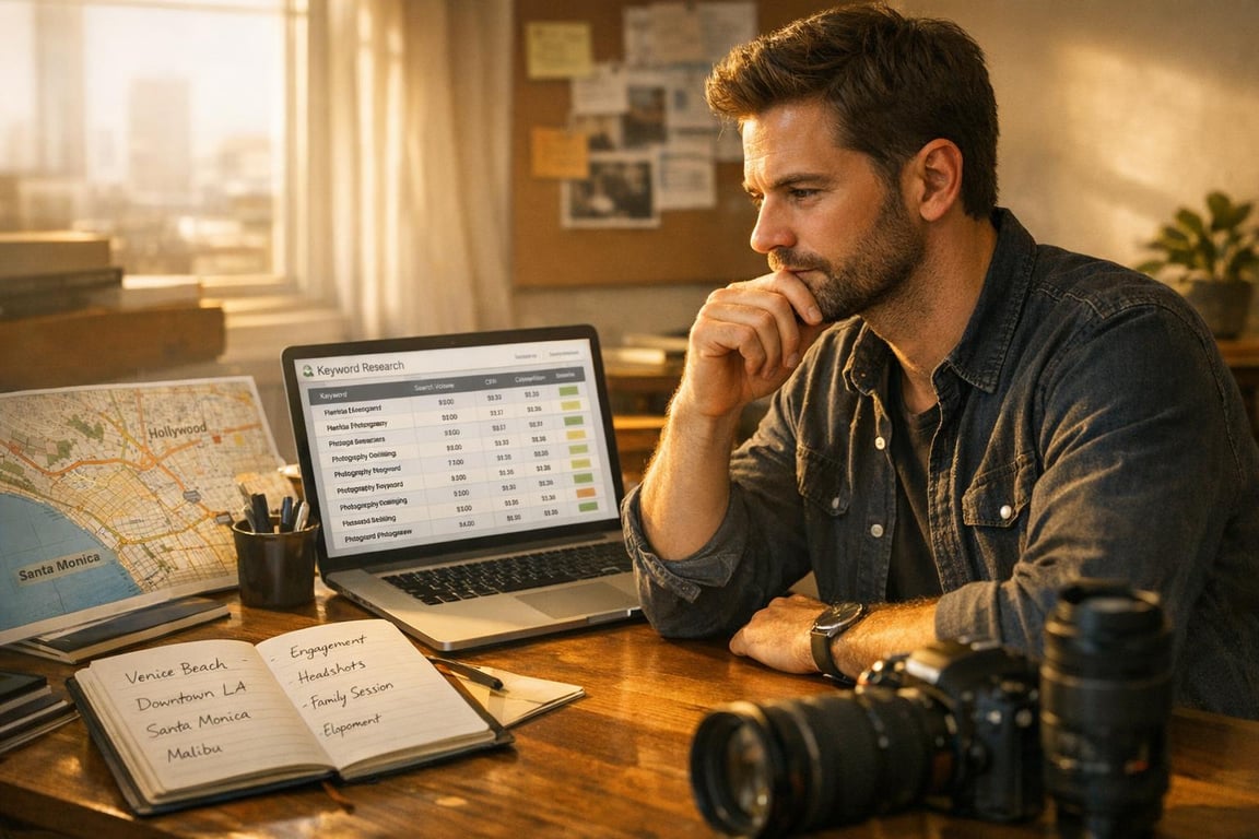 Man analyzing keyword research data on laptop with camera equipment, map, and notebook listing photo shoot locations.