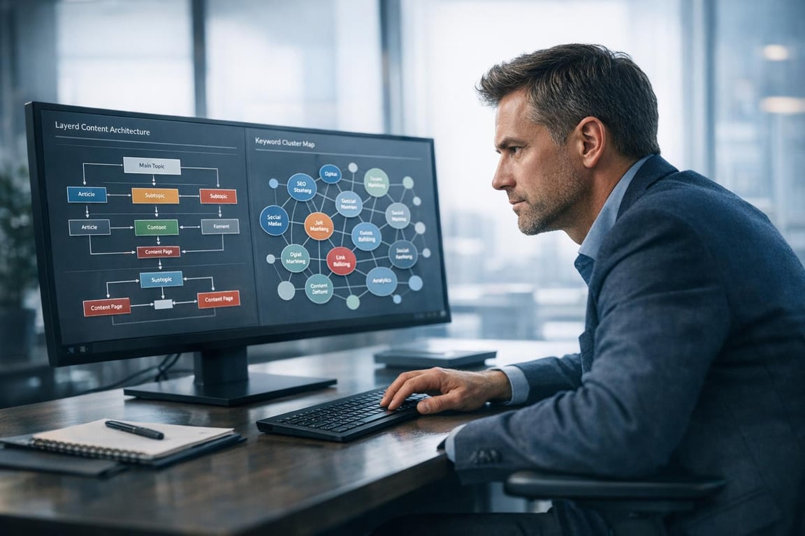 Man analyzing layered content architecture and keyword cluster map on a computer screen in a modern office.