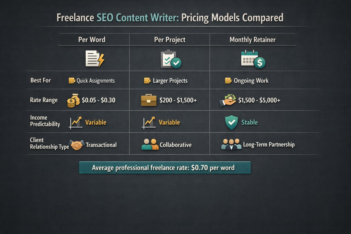 Freelance SEO content writer pricing compared by per word, per project, and monthly retainer with income and client types.