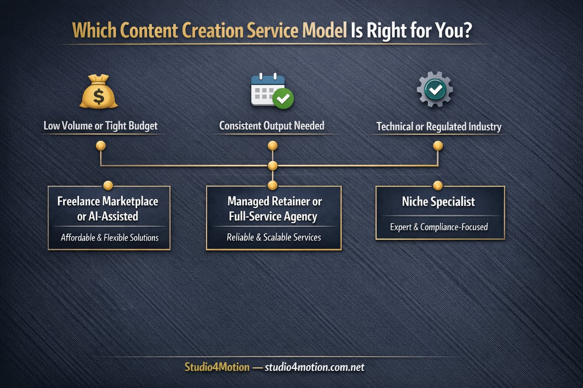 Content creation service models guide: freelance or AI for low budget, managed retainer for consistent output, niche specialist for regulated industries.