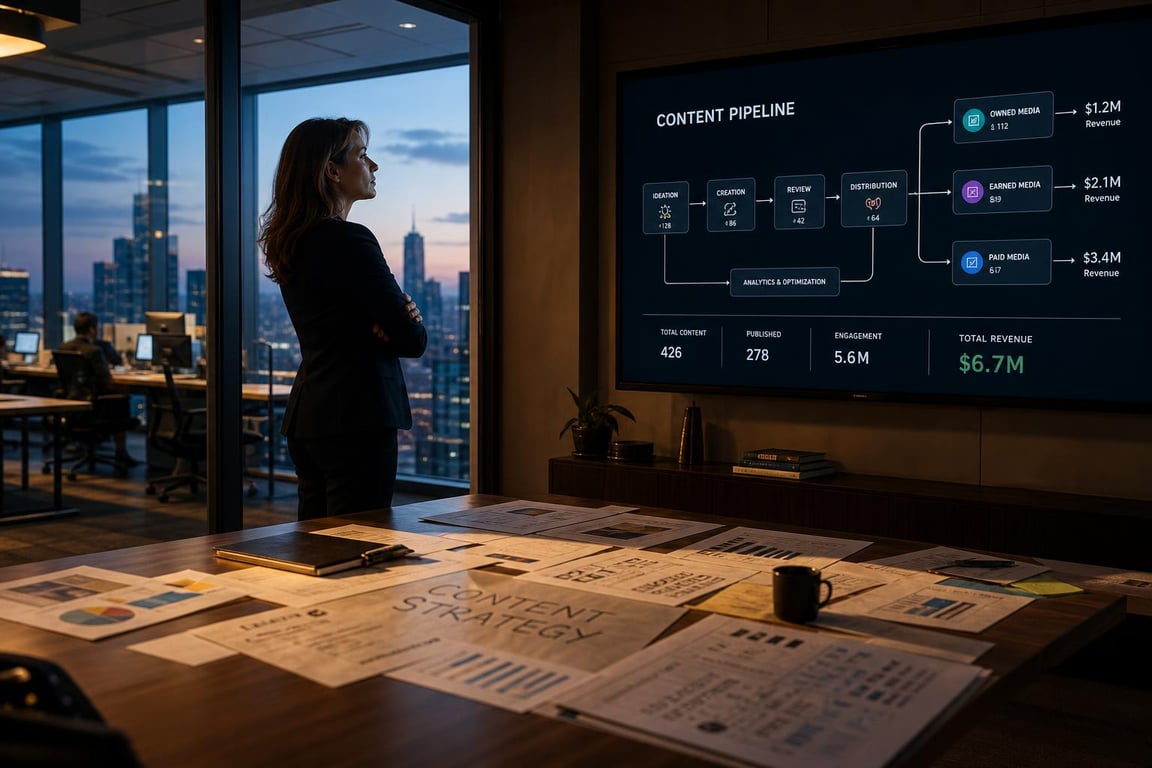 Marketing director reviewing a B2B content marketing pipeline strategy on a large office display at dusk