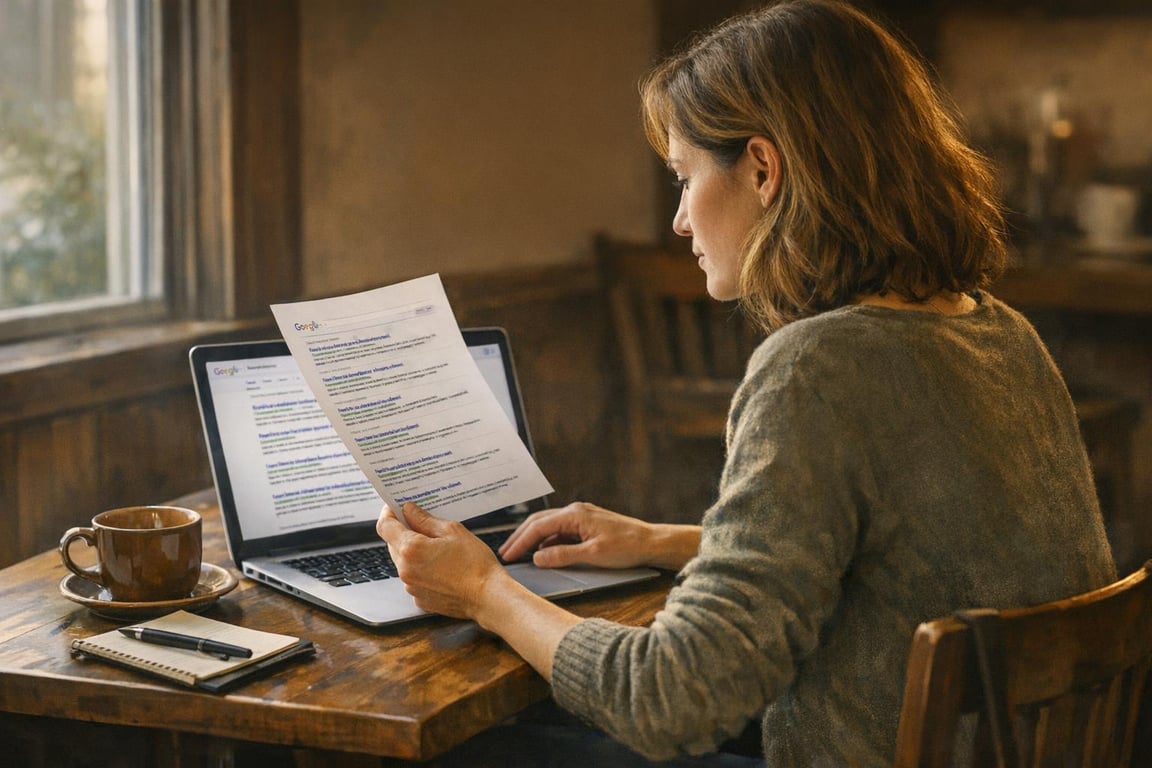 Woman comparing printed search results with laptop screen while sitting at a wooden table with coffee and notebook.