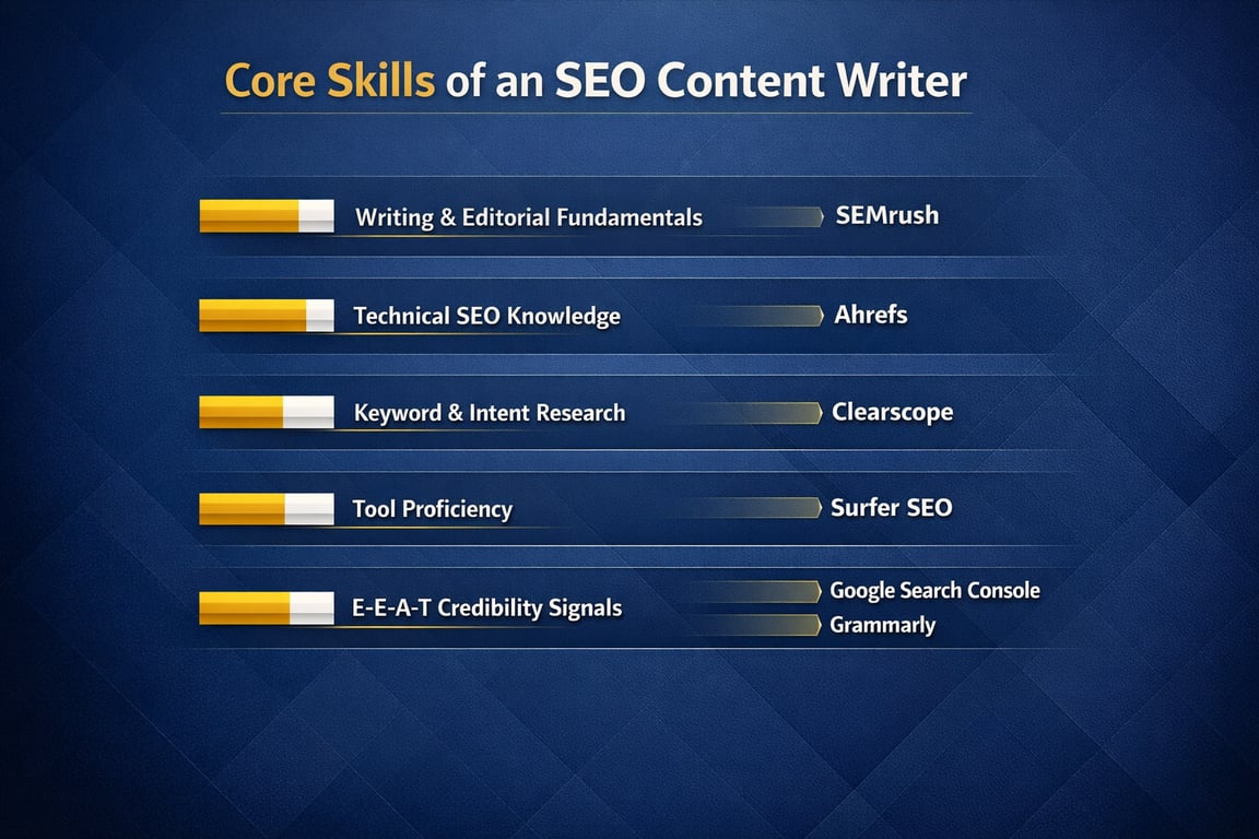 Core skills of an SEO content writer including writing, technical SEO, keyword research, tool proficiency, and credibility signals with related tools.