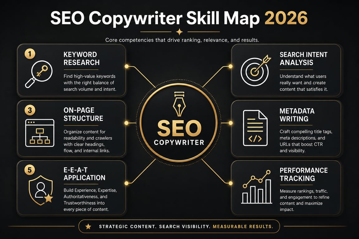 Infographic skill map showing six core SEO copywriter competencies for 2026 including keyword research and <a href=