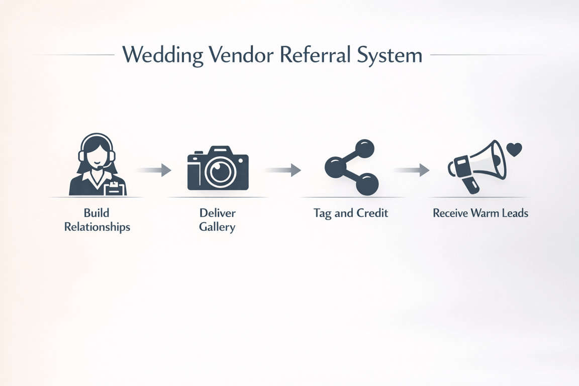 Wedding vendor referral system steps: build relationships, deliver gallery, tag and credit, receive warm leads.