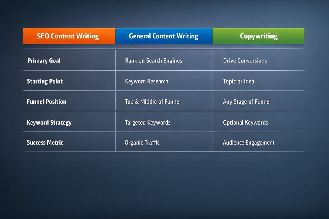 Comparison table of SEO content writing, general content writing, and copywriting goals, strategies, and metrics.