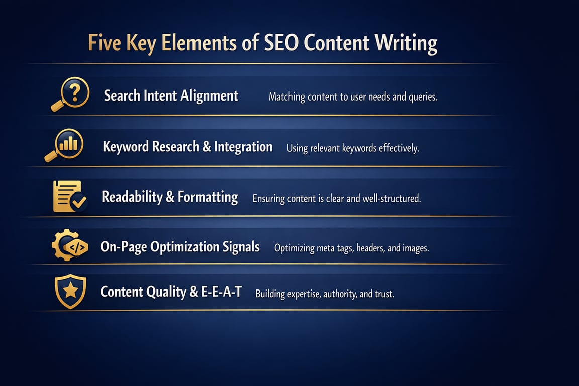 Five key elements of SEO content writing: search intent, keyword research, readability, on-page optimization, content quality with E-E-A-T.