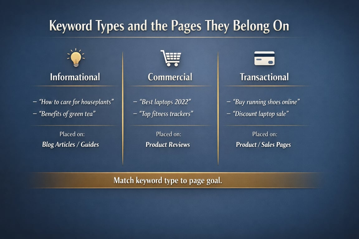 Keyword types for SEO: Informational for blog articles, Commercial for product reviews, Transactional for product and sales pages.