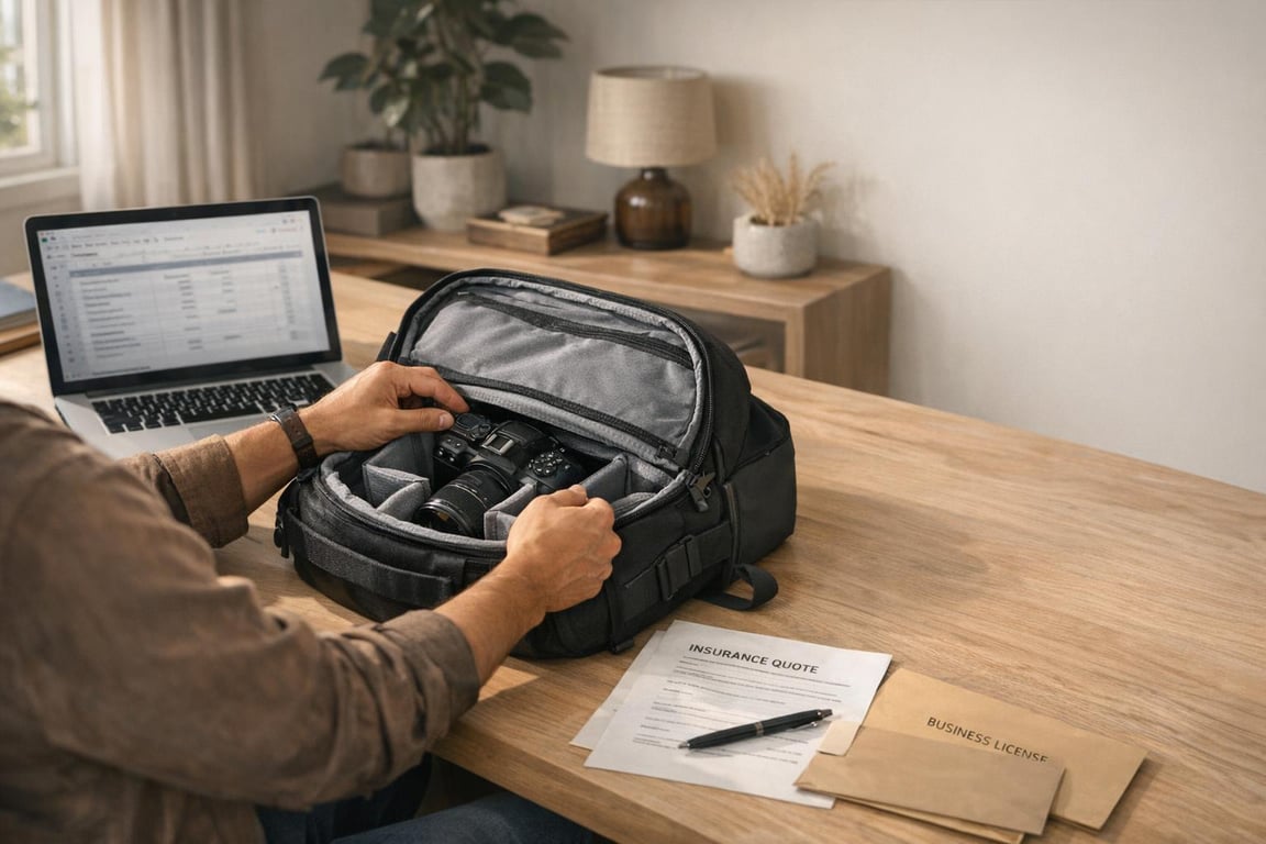 Hands opening a camera bag on a wooden desk, with a laptop and documents in the background.